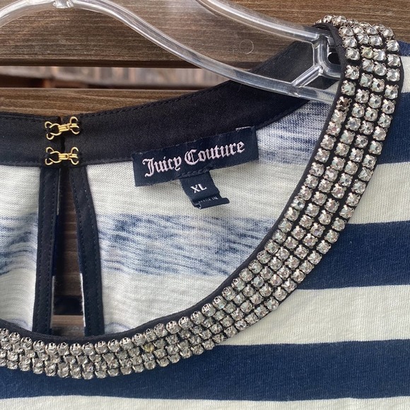Juicy Couture Navy & Off-White Rhinestone Striped Top - XL - Picture 2 of 5